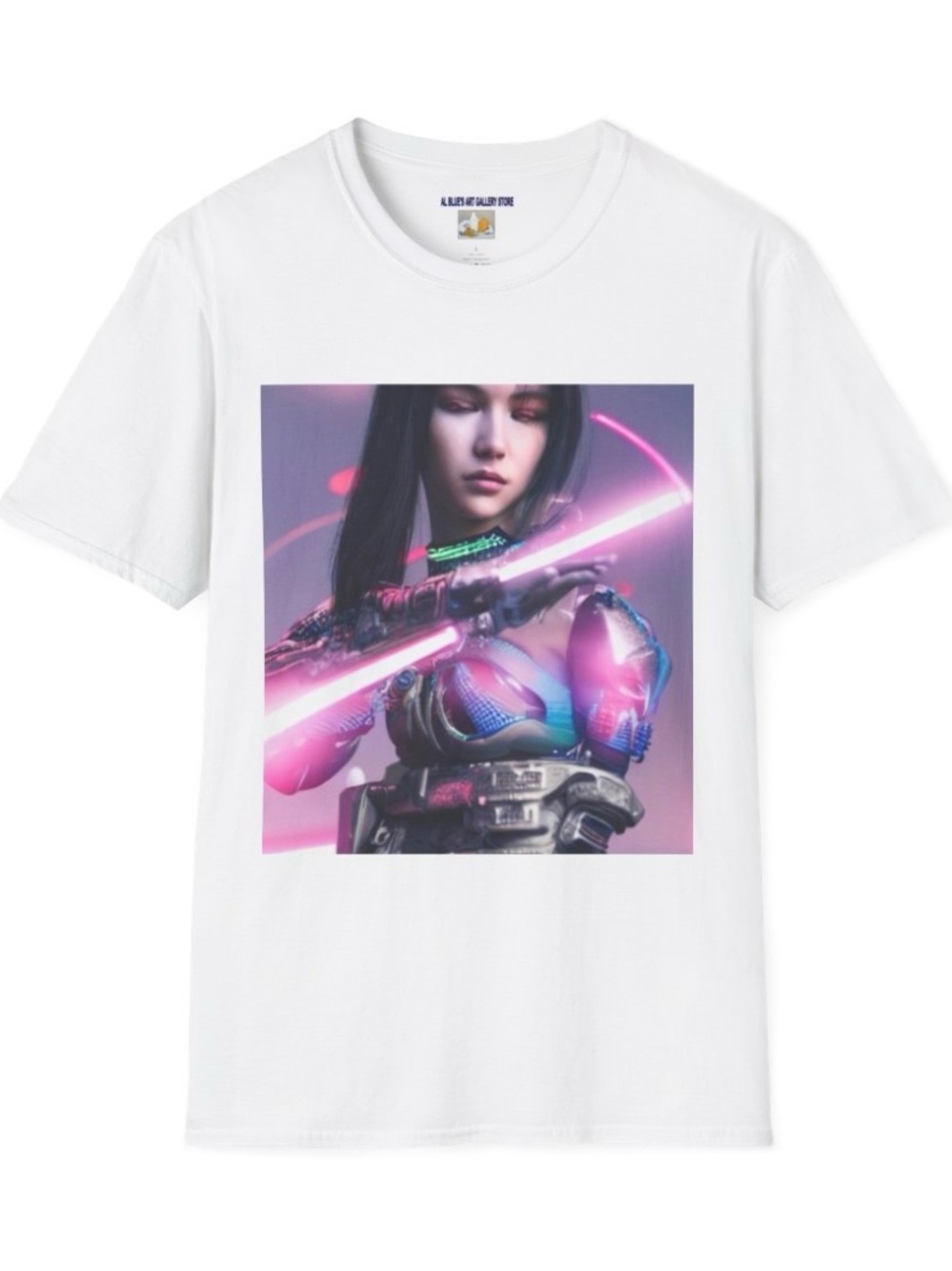 The futuristic art of Al Blue is On this White Tee with Neon Sci‑Fi Girl Graphic